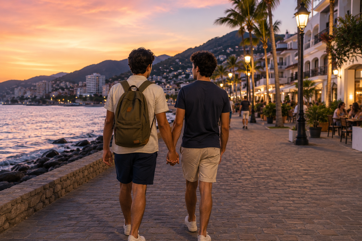 Dos hombres caminando juntos frente al mar en Puerto Vallarta al atardecer
