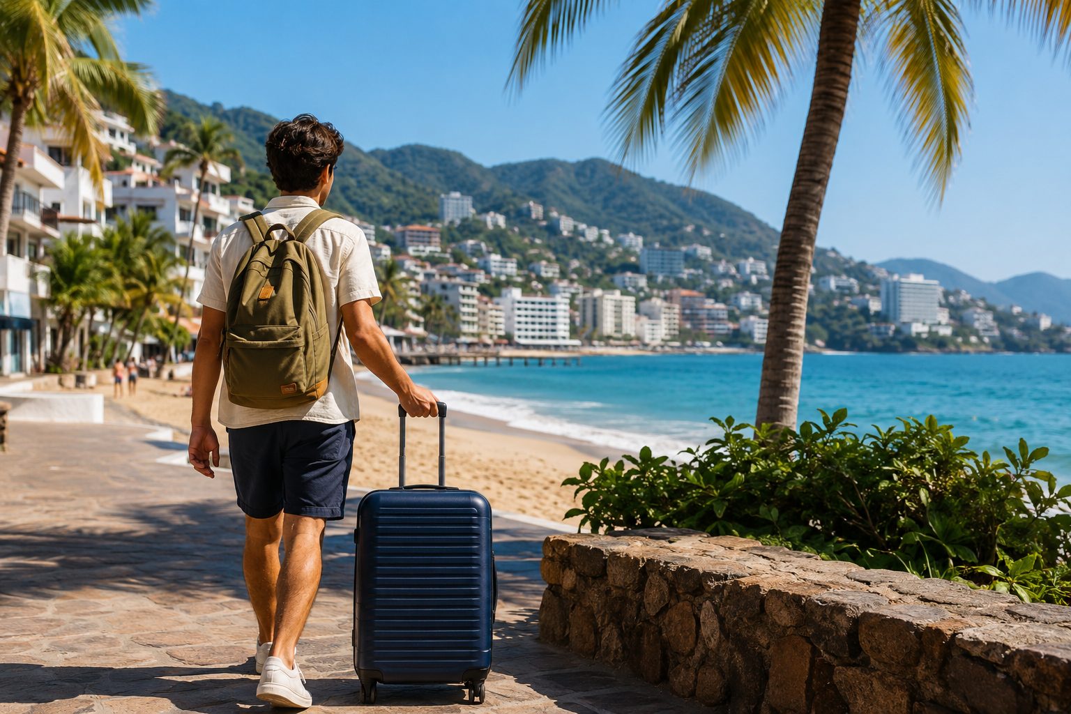 Hombre con mochila y maleta caminando frente a la costa de Puerto Vallarta