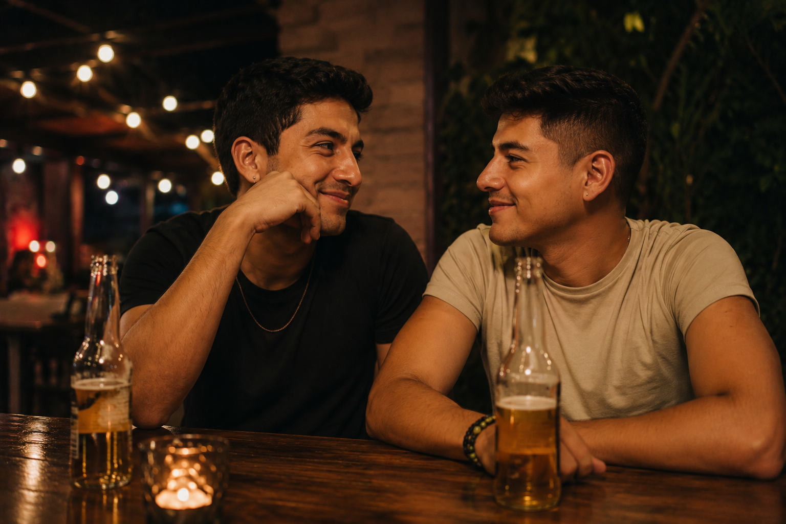 Rafa y Fernando conversando frente a una cerveza en un bar