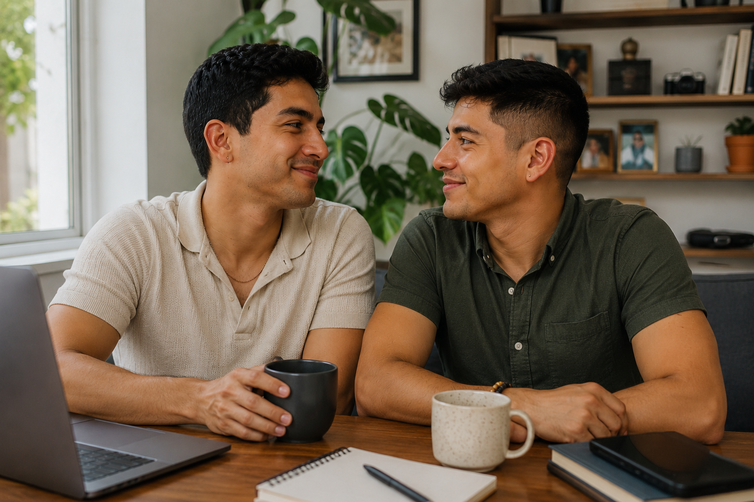Rafa y Fernando conversando en casa junto a una mesa con café